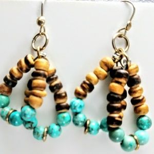 Beautiful 1in Wood & turquoise Hoop Earrings